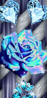 Vibrant blue rose with crystal hearts on a metallic background wallpaper.