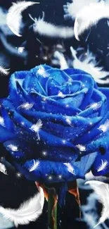 Blue rose with white feathers on a dark background phone wallpaper.