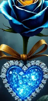 Blue rose with gemstone heart mobile wallpaper.