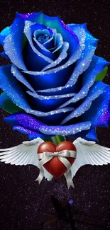 Blue rose and heart with wings on starry background mobile wallpaper.