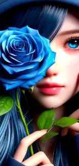 Anime girl with blue rose and hair, stunning digital art.