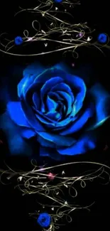 Artistic blue rose with golden patterns on a black background.