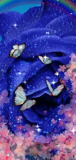 Blue rose with butterflies and a rainbow overlay in a dreamy mobile wallpaper.