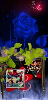 Blue rose with vibrant green leaves and colorful floral elements on dark background.