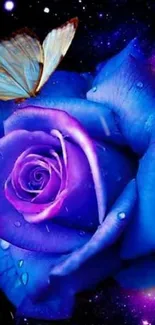 Blue rose with a butterfly in a galaxy background.