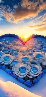 Heart-shaped blue roses at sunset with snow background.