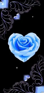 Mobile wallpaper with blue rose and heart design on black background.