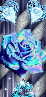 Blue rose with gem hearts on textured background wallpaper.
