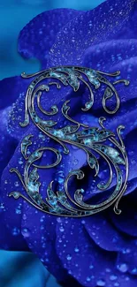 Blue rose wallpaper with ornate letter 'S' design.