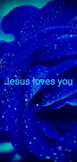 Beautiful blue rose with inspirational text 'Jesus loves you' on smartphone wallpaper.