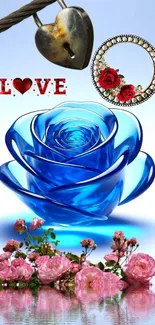 Romantic blue rose with love theme and floral accents wallpaper.