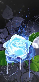 Blue rose with green leaves on a dark background.