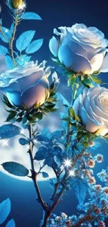 Blue roses glowing under a moonlit sky in an enchanting wallpaper design.