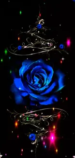 Glowing blue rose with neon lights and floral swirls on dark background.