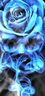 Ethereal blue rose and skull with smoke on dark wallpaper.