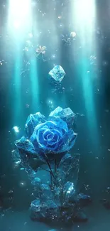 Blue rose underwater fantasy wallpaper with crystals.