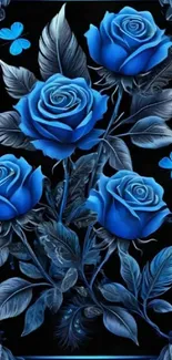 Blue roses with butterflies on a dark background.