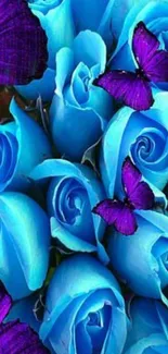 Blue roses and purple butterflies phone wallpaper.