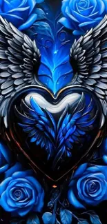 Blue roses with winged heart design wallpaper.