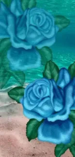 Mobile wallpaper of blue roses on a beach with teal ocean in the background.