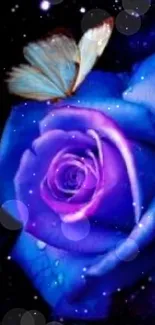 Two blue roses with butterflies on a galaxy background.