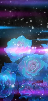 Glowing blue roses against a starry night sky, creating a mystical mobile wallpaper.