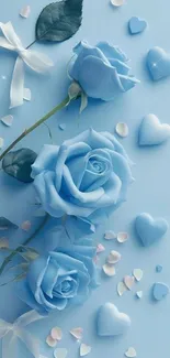 Blue roses with heart shapes on a soft background.