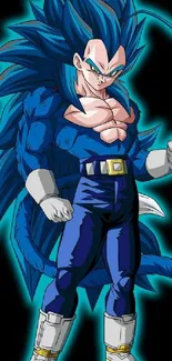 Anime Saiyan warrior in blue poses dramatically with vibrant energy aura.