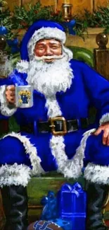 Santa in blue suit sitting by a fireplace with gifts and decorations.