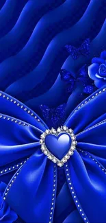 Blue satin wallpaper with heart and roses.