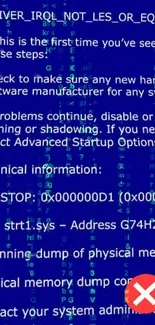 Blue screen error wallpaper with technical codes and red warning symbol.