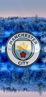 Manchester City logo in icy blue landscape.