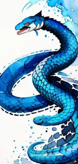 Blue serpent illustration on white background with artistic splashes.