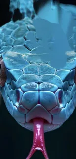 Close-up of a detailed blue snake with its tongue out, enhanced lighting.