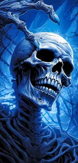 Blue skeleton artwork with dark branches on a mobile wallpaper.