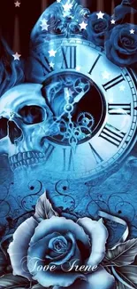 Gothic blue skull with clock and roses art wallpaper.