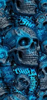 Blue skull graffiti art with intricate design.
