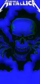 Metallic blue skull on a vivid background.