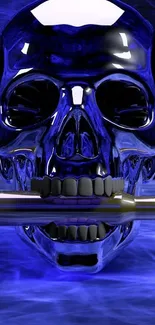 Blue skull with metallic bullet in mouth, reflecting light.