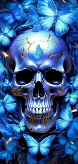 Blue skull surrounded by vibrant butterflies on a dark background.