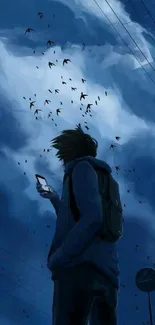 Silhouette with phone under a dark, cloudy sky and birds flying above.