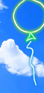 Blue sky with neon balloon and white cloud art.