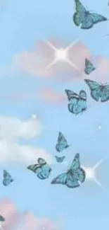 Mobile wallpaper with blue butterflies against a soft sky.