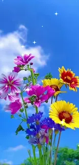 Vibrant flowers against a bright blue sky with clouds and stars.