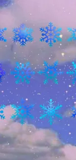 Blue snowflake design on a cloudy sky background for mobile wallpaper.