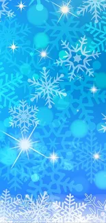 Blue wallpaper with white snowflakes and a winter theme.