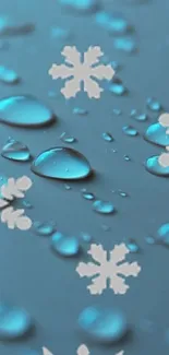 Blue wallpaper with snowflakes and water droplets.