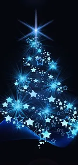 Blue Christmas tree with glowing stars and lights on dark background.