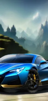 Blue sports car with mountain backdrop, creating a thrilling adventure vibe.