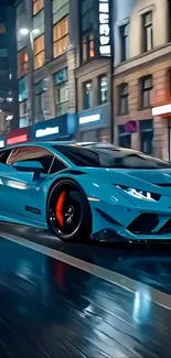 Sleek blue sports car driving at night on city street.